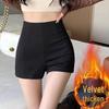 Women's Black High Waist Suit Shorts with Plus Velvet Lining - Slimming Elastic A-Line Leggings for Autumn and Winter