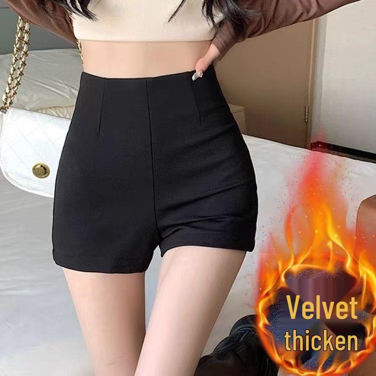 Women's Black High Waist Suit Shorts with Plus Velvet Lining - Slimming Elastic A-Line Leggings for Autumn and Winter