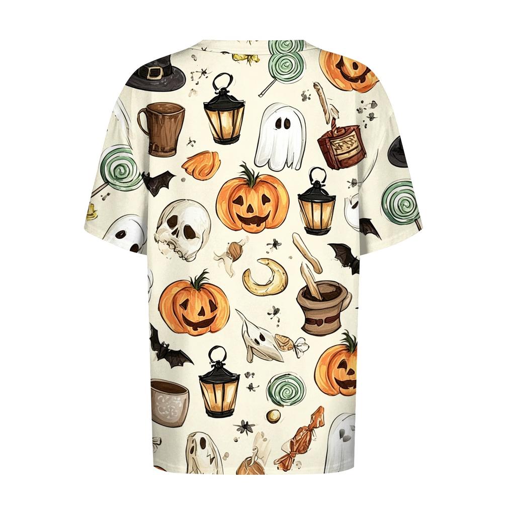 Women's Casual Short Sleeve Halloween Pullover Top with Bat and Pumpkin Print Round Neck Relaxed Fit Shirt for Fall Season