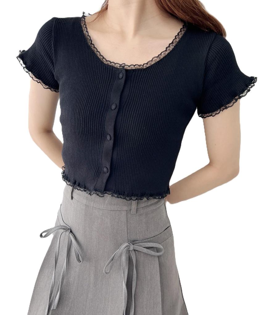 WEGO Lace Piping Short Sleeve Knit Size Black Women's Cardigan, F,