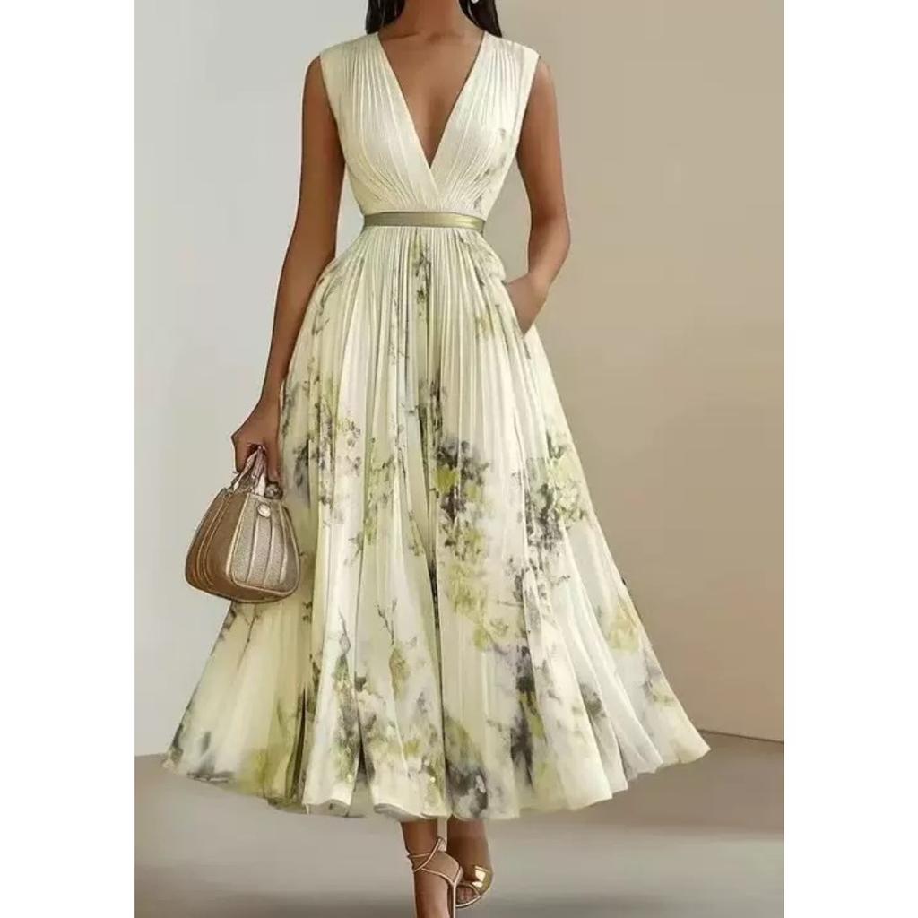 Women V Neck Sleeveless Party Draped Maxi Dresses Vintage Elegant Office Floral A-line Dress For Women Lady Chic Evening Gown