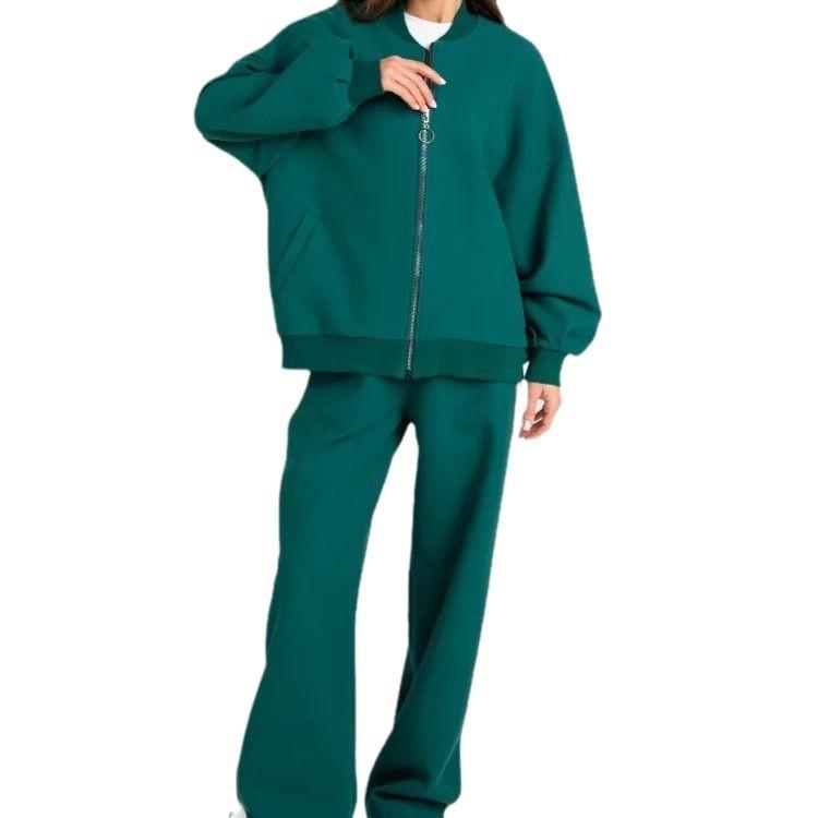 Women's Autumn 2-Piece Sportswear Set - Casual Long Sleeve Zip-Up Baseball Jacket & Solid Color Trousers