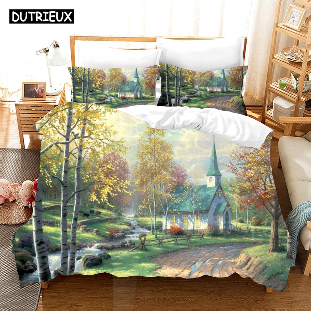 Fantasy Oil Painting Bedding Set House Bridge Scenery Duvet Cover Set Bedroom Bed Bedclothes Decor Luxury Gift Queen King Size