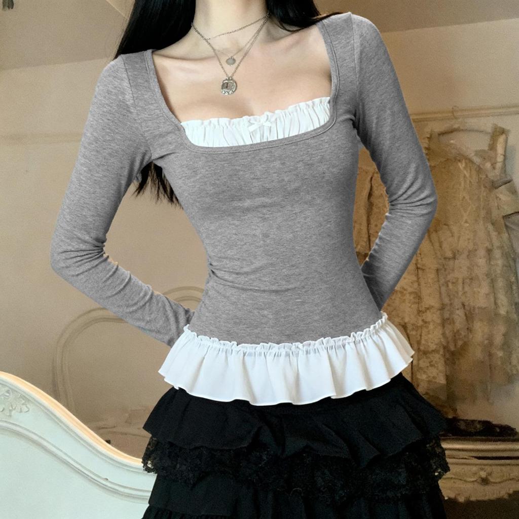 European Faux Two-Piece Lace Long-Sleeve T-Shirt, Slimming & Flattering Autumn Top for Women