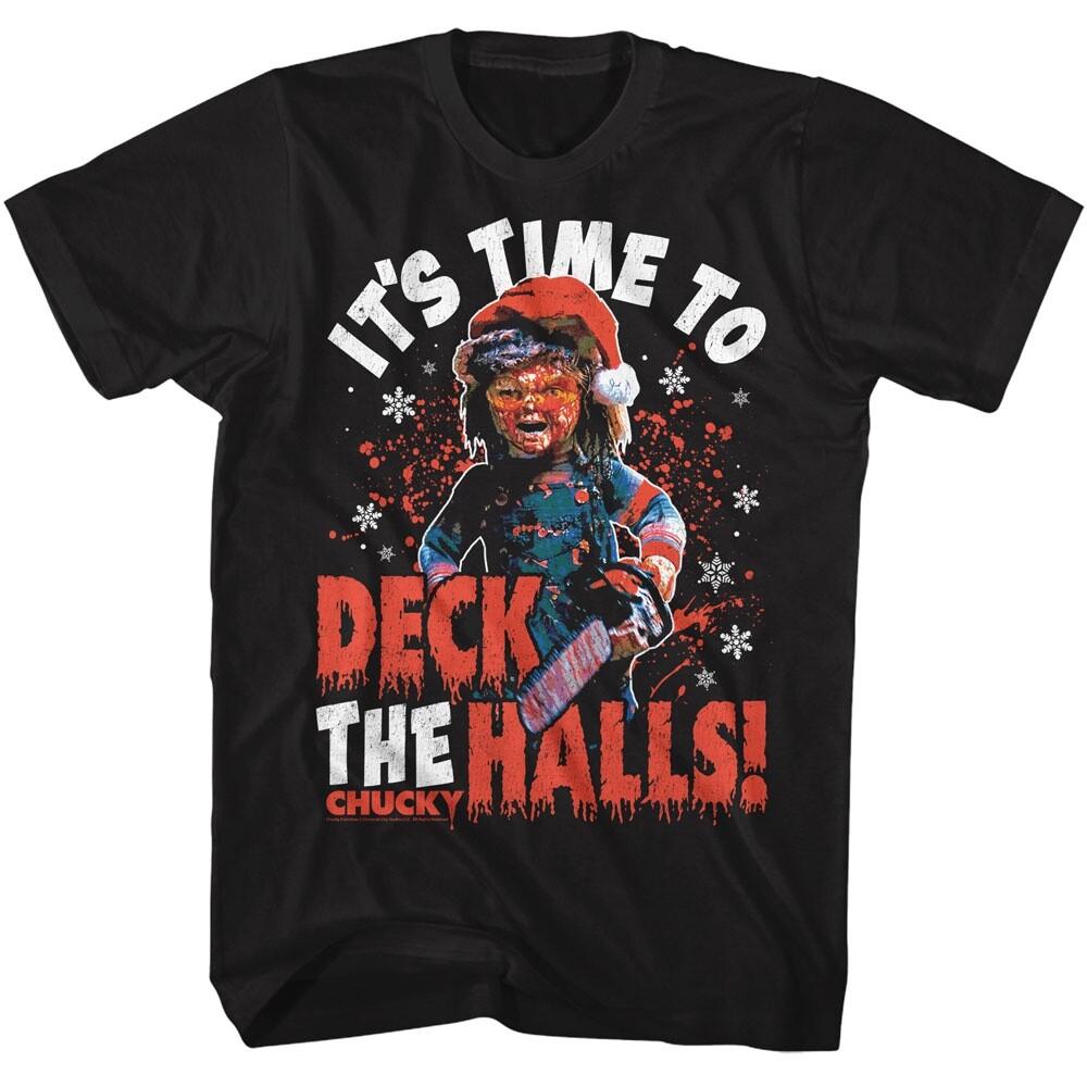 Chucky Horror Movie Men039;s T Shirt IT039;S TIME TO DECK THE HALLS New Black Cotton Unisex T-Shirt L