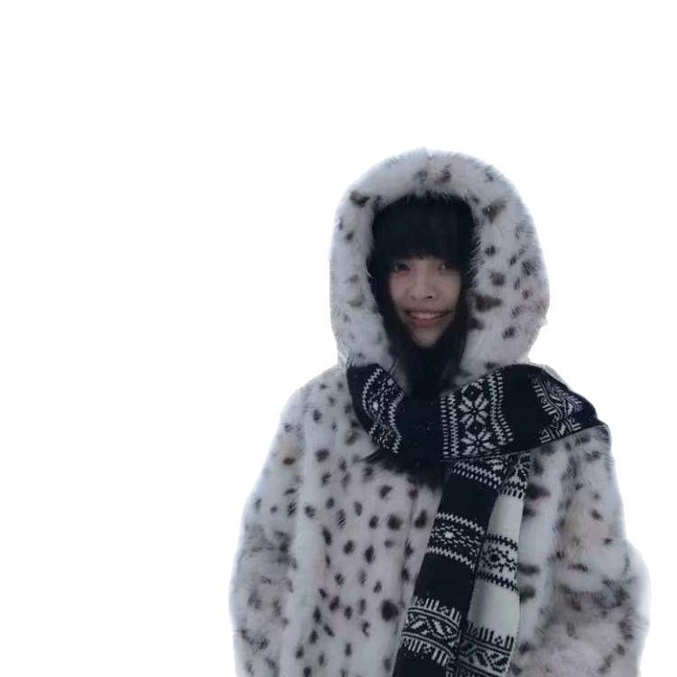 Winter Leopard Print Hooded Fashion Warm Environmentally Friendly Fur Plush Bobcat Print Coat Artificial Fur Jacket