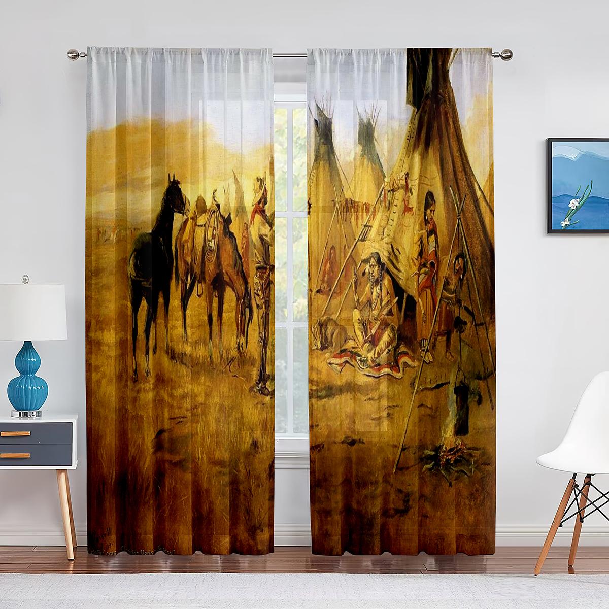 

Западная ковбойская ковбойская верховая езда, прозрачная вуаль, шторы для гостиной, спальни, кухни, окна, шифоновая тюлевая занавеска, украшение 1 PCS W100XH250cm&Grommet Top