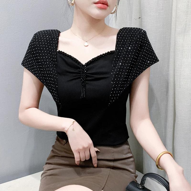 Summer Cotton Tops Streetwear Girl Sexy Square Neck Beading T-shirt Women's Shiny Diamonds Tees