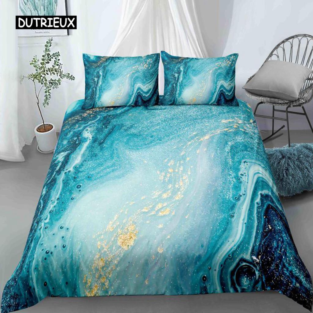 Schicker Marmor-Bettbezug aus Mikrofaser, Mint, Gold, Glitzer, Türkis, Bettwäsche-Set, abstrakt, Aquablau, Bettbezug für Einzelbett, Doppelbett, volle Größe