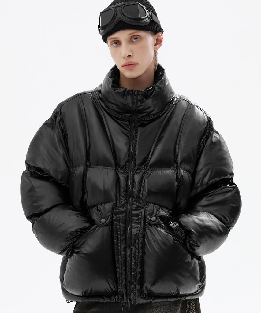 Trillion Incision Line Glossy Puffer Short Padded Jacket [Black]