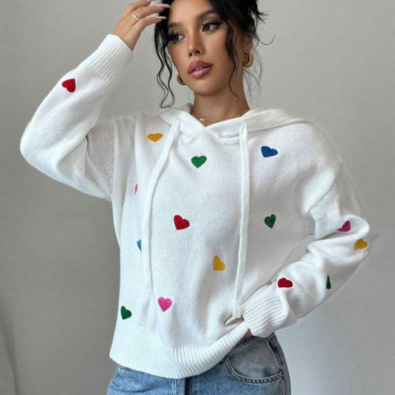 Europe, America autumn and winter women's sweater fashion color love jacquard hooded long-sleeved knitted sweater