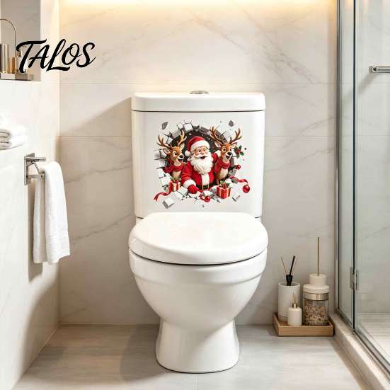 Christmas Gift for Bathroom 3D Break Through Wall Santa Reindeer Toilet Sticker, Self-Adhesive Holiday Seat Stickers Decal, Waterproof Lid Decor Home