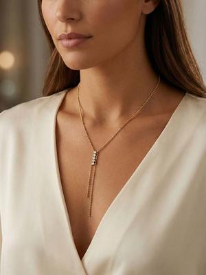 Y-shaped Fringe Beaded Long Chain Necklace for Women, Rhineston Cubic Zirconia Drop Necklace, Stainless Steel Dainty Jewelry