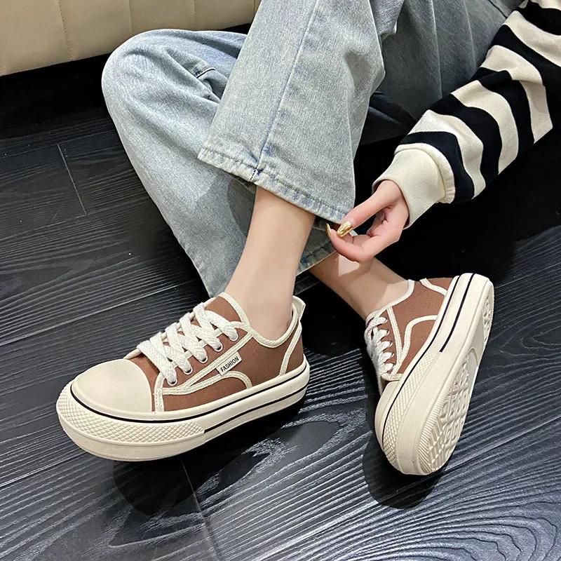 Women Canvas Shoes 2024 Spring Students Thick Bottom Sneaker Casual Lace Up Shallow Mouth Flat Board Tennis Zapatillas Designer