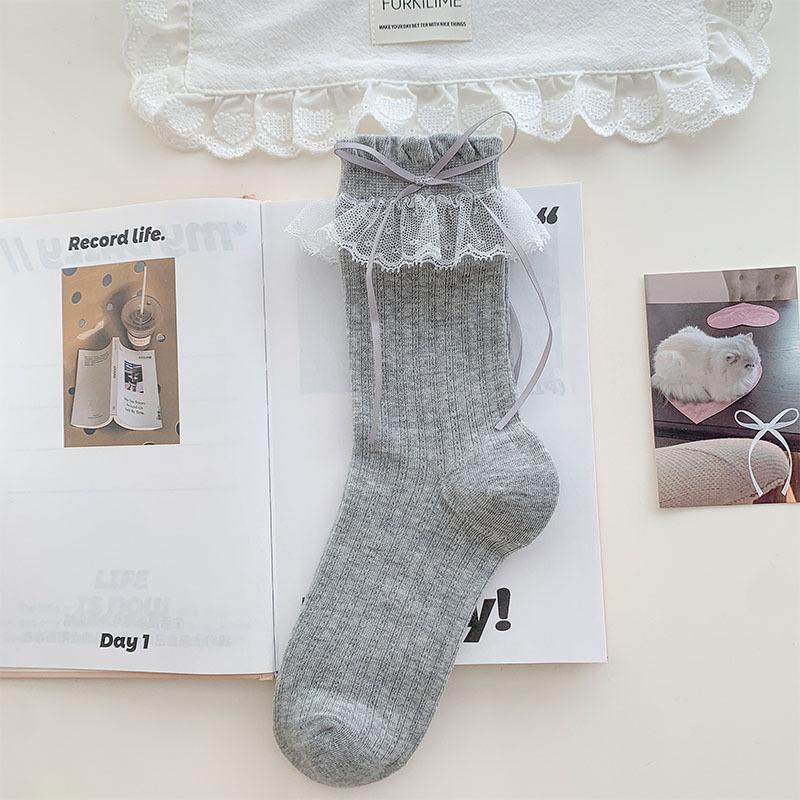 

Sweet Bow Lace Socks For Women Summer Thin Breathable Sweat-Absorbing Mid-Calf Socks Ballet Style Socks one size сірий колір