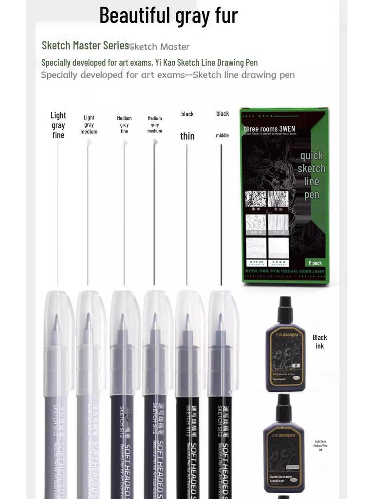 Refillable Quick Sketch Pen Set: Fine, Small, Regular, Large Gray Brush Pens for Art Line Drawing