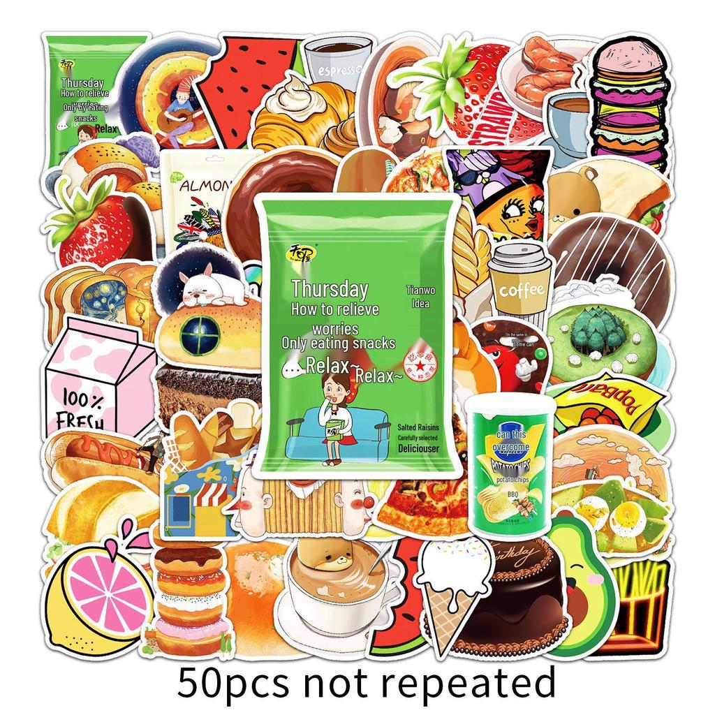 50 Cute Cartoon Food Stickers - Waterproof, Perfect for DIY Journals, Phone Cases & Milk Tea Cup Decoration