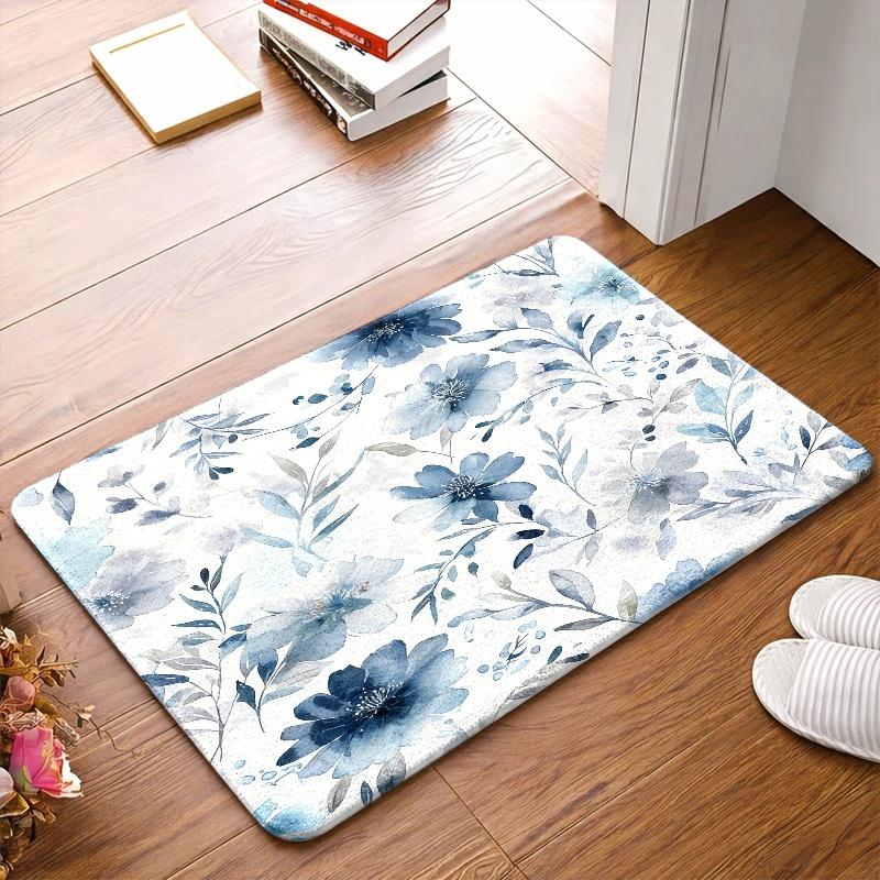 Blue Floral Pattern Print Doormat Rug Polyester Indoor Welcome Mat for Home Entrance Decor Hallway Area Waterproof Area Rug