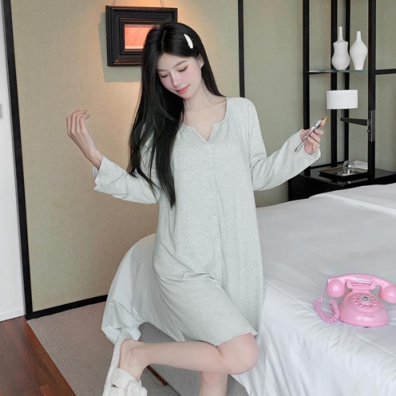 

Women s Long Sleeve Autumn Pajamas with Chest Pads - Modal Rayon Nightdress M