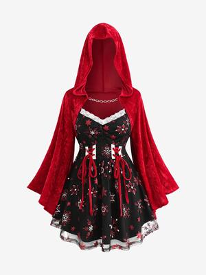 Rosegal Christmas Plus Size Chain Panel Lace-up Lace Trim Ruched Snowflake Print Hooded T-shirt
