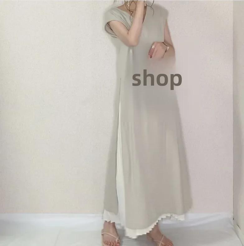 Women's Plus Size Japanese Summer Patchwork Swing Dress - Solid Color, Loose Fit, Short Sleeve