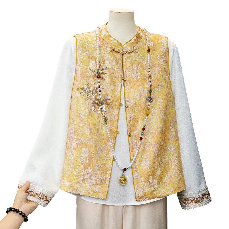 Fashionable Two-Piece Spring Outfit for Moms: Jacquard Satin Vest and National Style Top for Middle-Aged and Elderly Women