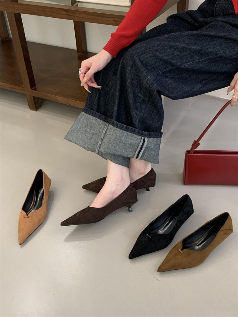 2025 New Pointed Suede Cat Heel High Heels Women's Thin Heel Shallow Mouth Single Shoes Autumn Versatile Professional Work Shoes