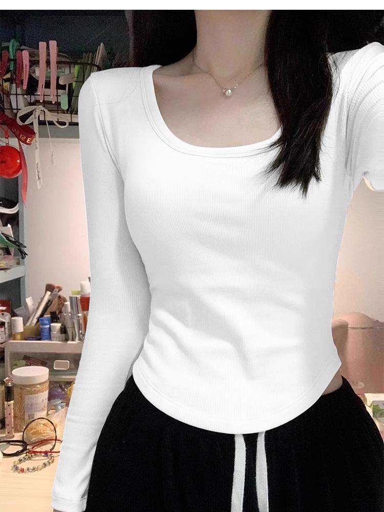 Aprikosmilch U-Ausschnitt Tiefer Schulterbereich Langarm Damen Oberteil: Stilvolle, schicke Unterwäsche für Herbst/Winter, ideal als Basis für den 'Hot Girl Spring'.
