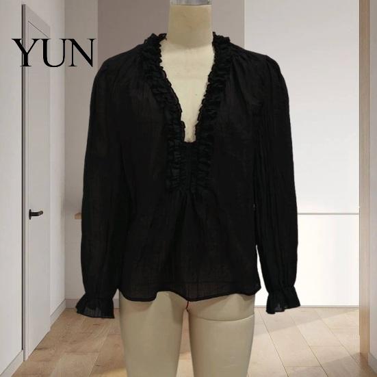 Classic Fall Top Women Ruffle V-Neck Top, Solid Color Casual Long Sleeve Breathable Shirt Pullover Shirt, Retro Pleated Loose Blouse for Autumn V-neck