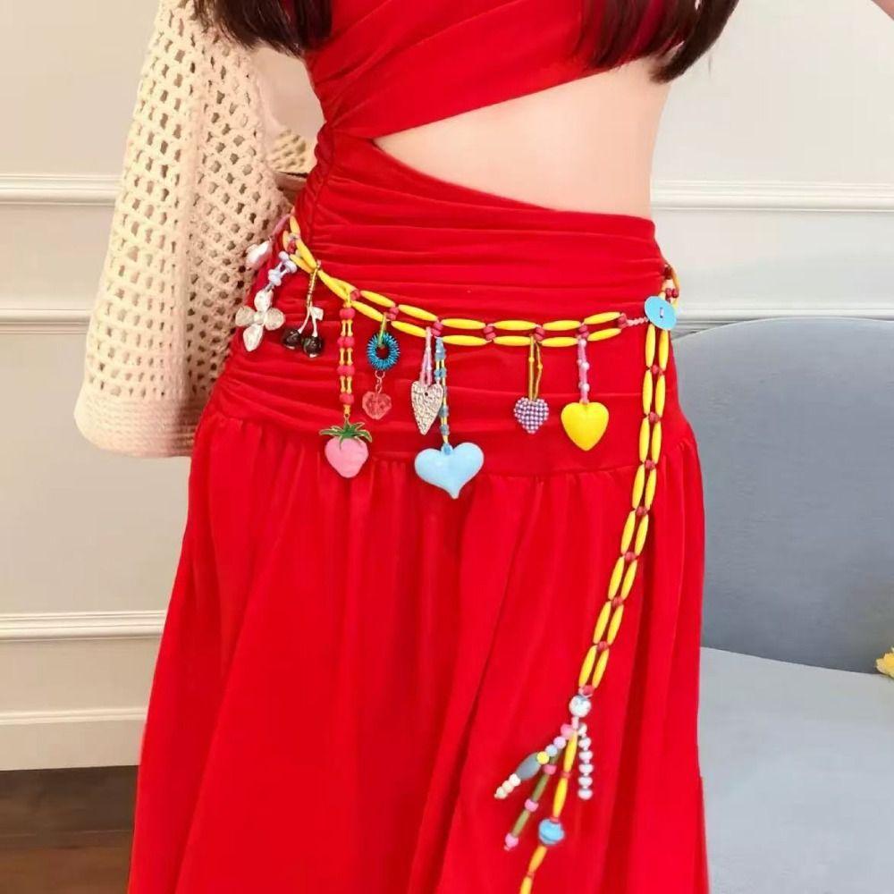 Y2K Dopamine Colored Beaded Waist Chain Hollow Out Bohemian Body Chain Jeans Decoration