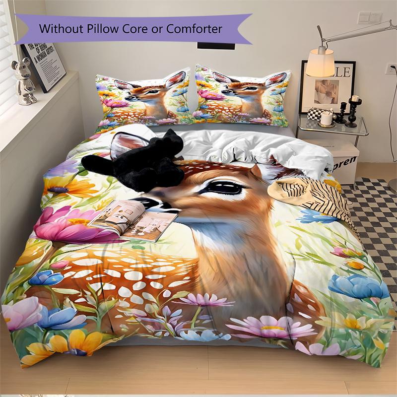 3Pcs Deer Wildflowers Bedding Set Soft Fabric Duvet Cover Pillowcases Home Christmas Xmas Halloween Gift 1 Duvet Cover 2 Pillowcase G1204