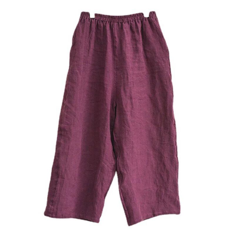 Johnature Summer Retro Solid Color Wide Leg Pants Pocket Elastic Waist Leisure Women Ankle- Length Pants