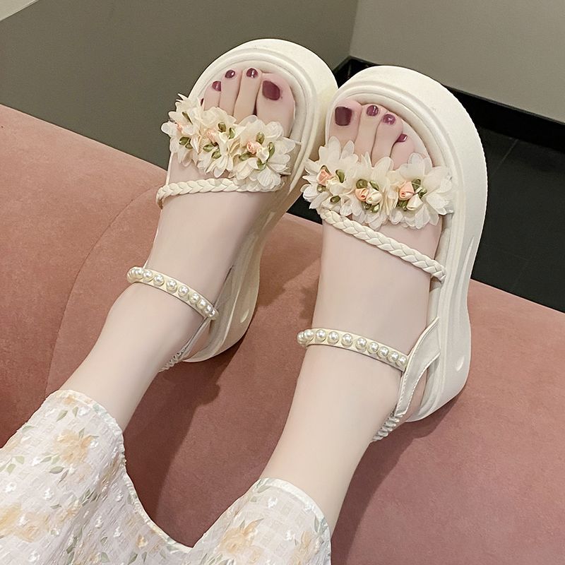 Fashion Sandals for Women Open Toe Pearl Platform Flowers Woman Shoes Anti Slip 2025 Trending Hot Luxury On Offer Summer Offers Footwear