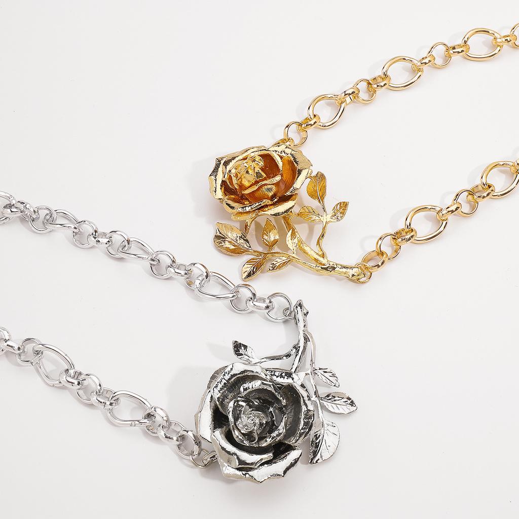 Tooxika Exaggerated Three-dimensional Metal Wind Collarbone Chain Sweet Cool Rose Flower Pendant Necklace Women