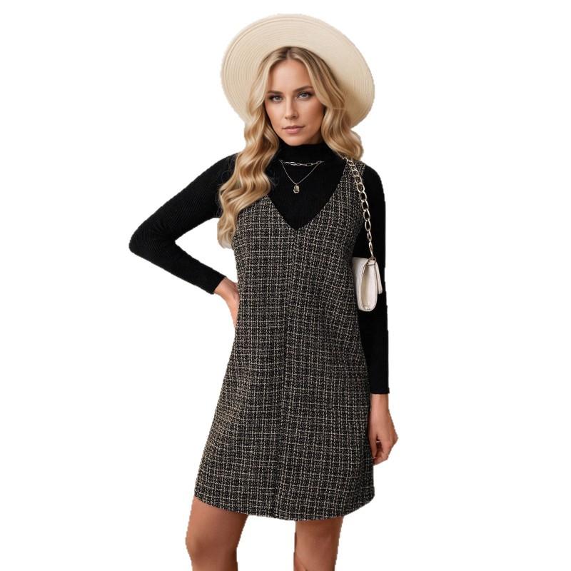 Womens Sleeveless V-Neck Tweed Pinafore Dress Mid-Length Checkered Casual Office Wear