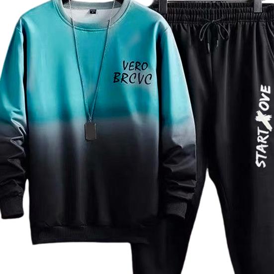 2 Pcs/Set Men Top Pants Suit Gradient Contrast Color Long Sleeve Round Neck Loose Elastic Waist Ankle Banded Hip Hop Sports Tracksuit Fall Spring Top