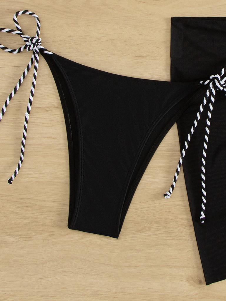 Color Block Braided Rope Mesh Quick Dry Sexy 3 Piece Bikini Set Elegant