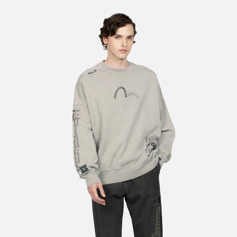 Evisu Aw23 Multi Logo Embroidered Letter Round Neck Pullover Oversized Sweatshirt Men sweatshirt Light-Brown 2EAGNM3SW5150OSCT