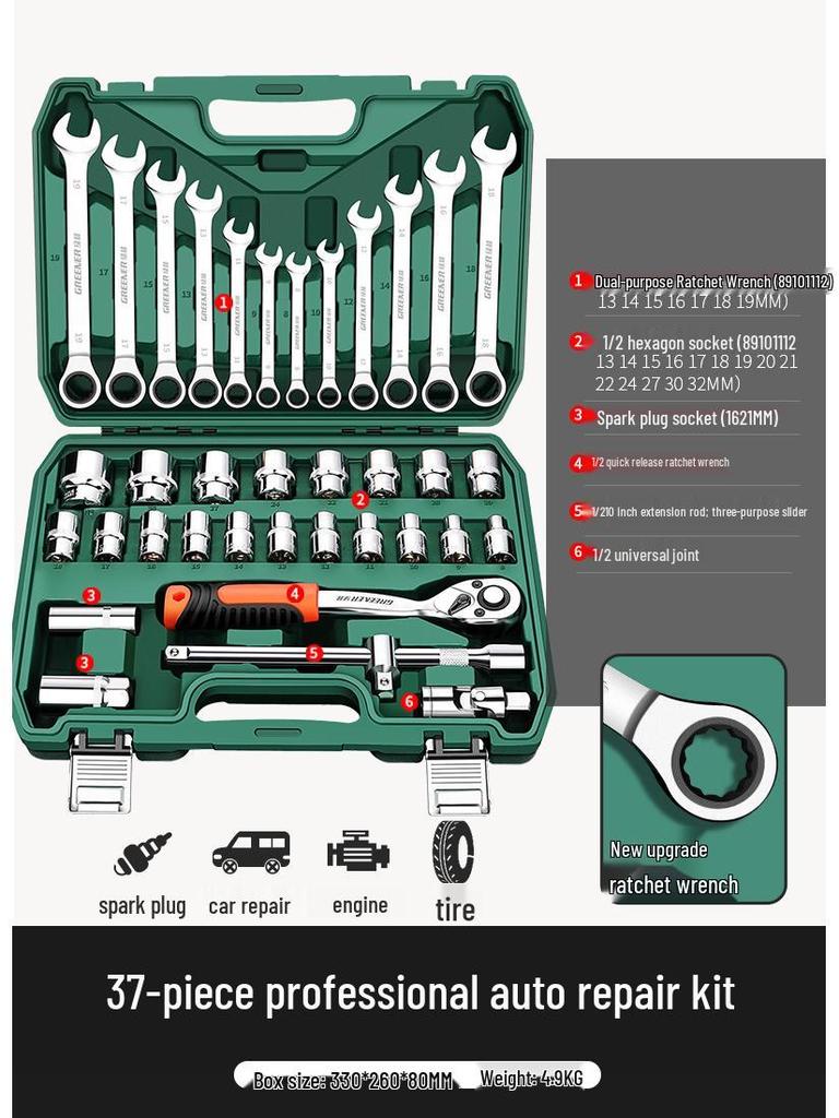 Green Forest Auto Repair Tool Set: Socket Wrench, Ratchet, Combination Tool Box.