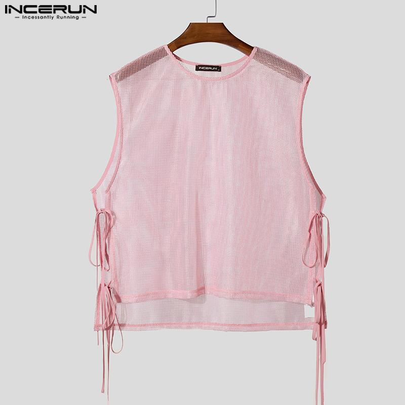 INCERUN Summer Men Sleeveless Mesh Sheer Hollow Out Side Lace-up Party High Low Tank Tops