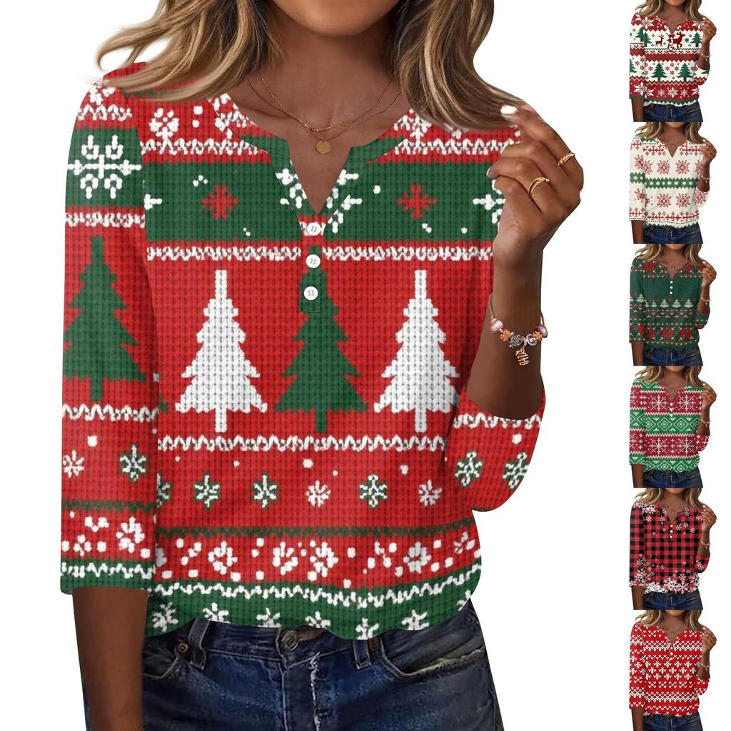Women's Christmas Print V-Neck Three-Quarter Sleeve T-Shirt with Button Casual Holiday Top