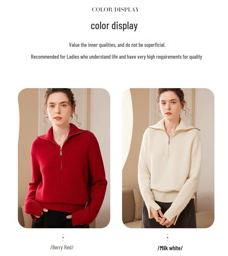2024 Autumn/Winter Women's Cashmere Knit Lapel Half-Zip Outerwear, Long Sleeve, Loose Fit, Warm & Slimming