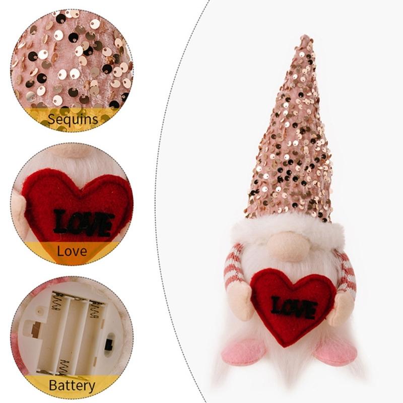 Valentine's Day Gnome Sequins Hat with Led Light Plushes Beard Doll Ornament for Elf Decoration New Year Holiday Gift