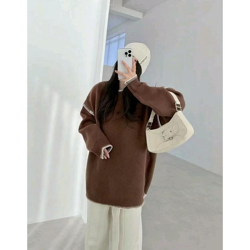 

Новый осенне-зимний черно-белый контрастный свитер с круглым вырезом, женский простой универсальный свободный ленивый вязаный свитер one size fits all темно-коричневого