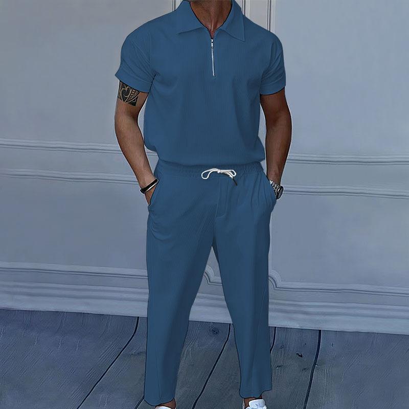 Completo estivo da uomo tinta unita con risvolto, manica corta, cerniera, pantaloni