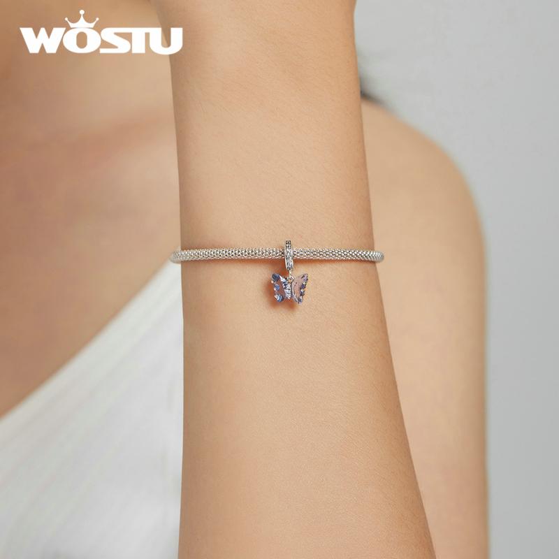 WOSTU Tři barevné korálky se zirkonovým motýlkem 925 se stříbrným přívěskem se hodí pro originální náramek náramek DIY jemné šperky