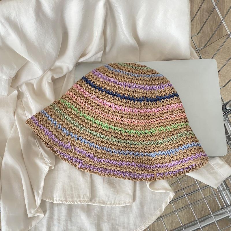 South Korea Spring And Summer Thin Handmade Knitted Fisherman'S Hat Children'S Colored Striped Basin Hat Versatile Sunscreen Shade Straw Hat