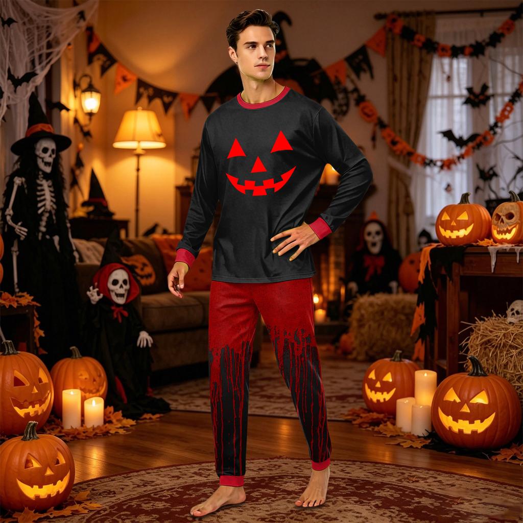Halloween Themed Long Sleeve Top and Pants Set Pumpkin Face Print Comfortable Homewear Pajama Set for Adults and Kids