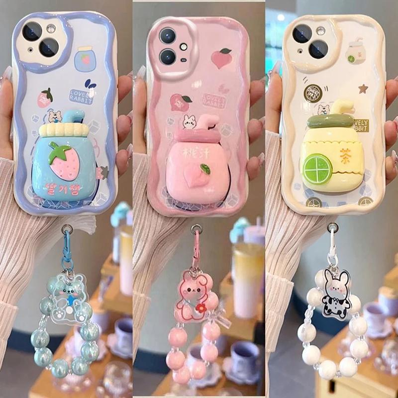Pink Peach Strawberry 3D Holder Stand Bracelet Chain Case For Realme C55 C35 C12 C15 C20 C30 C21 5 6 7 Pro 8 10 11 A57 A1K cover