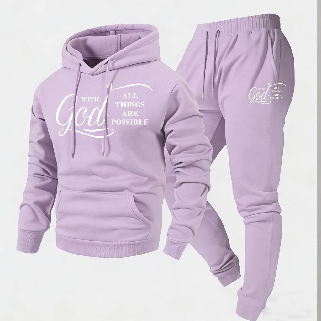 2026 New Arrival Men's Letter Print Hoodie & Pants Set - European and American Style, Hot Selling Two-Piece Outfit